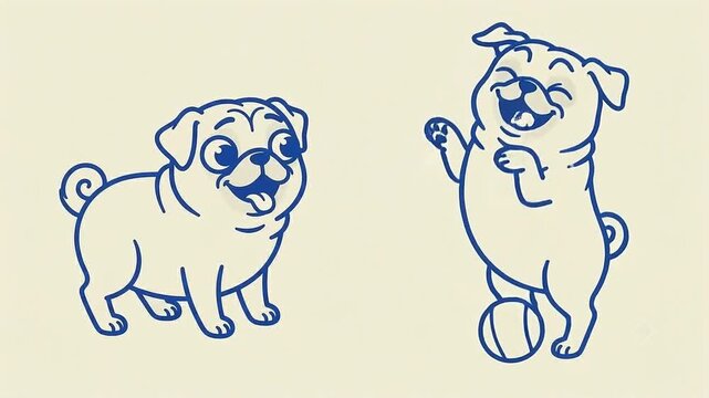 Two cute handdrawn style pug dogs playing with a ball illustration