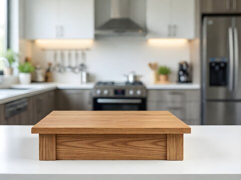 Wooden podium on white table with free space and blurred modern kitchen interior background