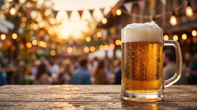 Cold beer stein on wooden table at a festive autumn celebration