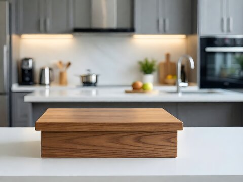 Wooden podium on white table with free space and blurred modern kitchen interior background