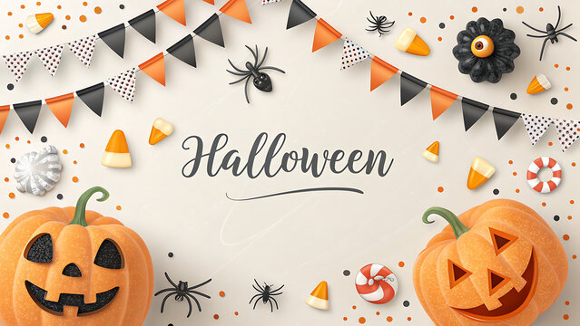 Festive Halloween Background with Carved Pumpkins, Bunting Garland, Candy, and Spiders Top View Flat Lay
