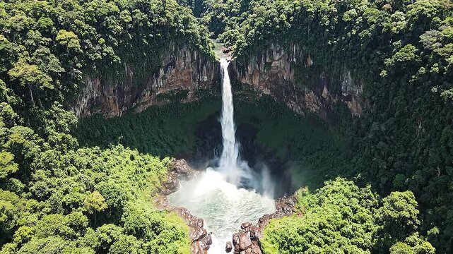 Massive waterfall cascades down rock cliff into lush rainforest.