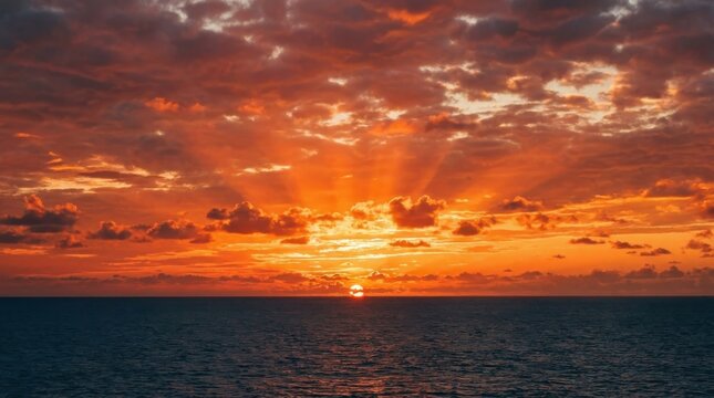 Breathtaking sunset over the vast ocean with vibrant fiery orange clouds and warm glowing sunbeams radiating across the dramatic twilight sky