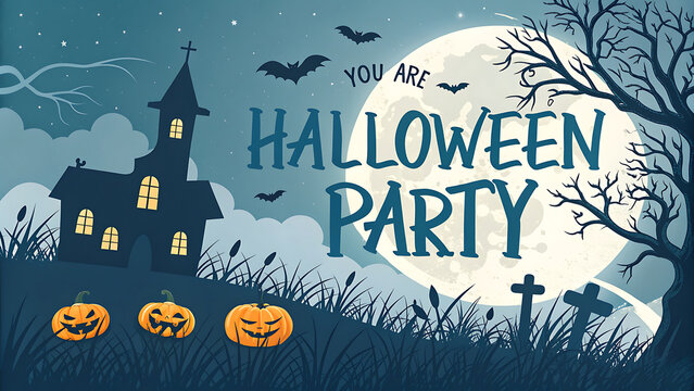 Halloween Party Invitation Banner with Haunted House, Jack-o'-Lantern, and Full Moon Vector Illustration
