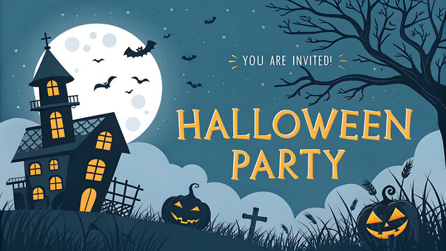 Halloween Party Invitation Banner with Haunted House, Jack-o'-Lantern, and Full Moon Vector Illustration