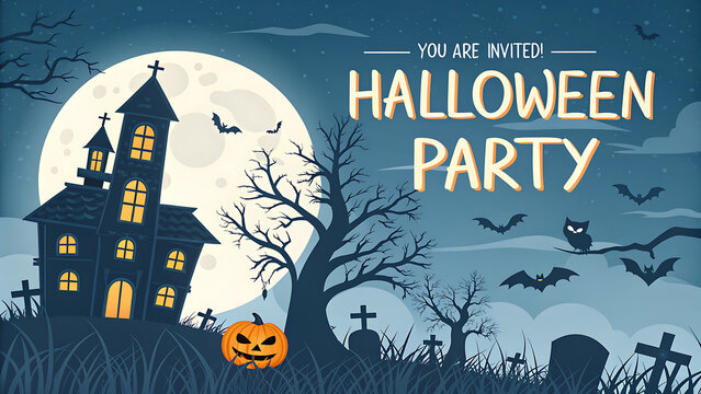 Halloween Party Invitation Banner with Haunted House, Jack-o'-Lantern, and Full Moon Vector Illustration