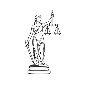 Lady Justice Statue Holding Scales and Sword Continuous Line Art Vector Concept for Law Firm Brand Identity
