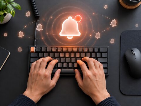 A person typing on a black keyboard on a dark desk with a glowing orange notification bell and floating bell symbols in the air