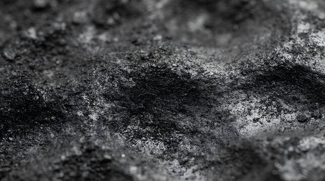 Macro shot of compressed graphite powder texture, dark charcoal dust background surface.