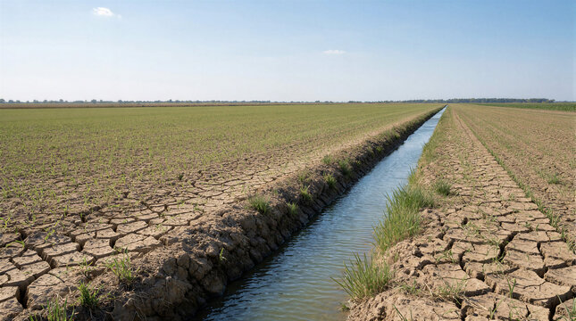 Parched agricultural land with dry cracked earth surrounding a clear irrigation canal running across rural fields