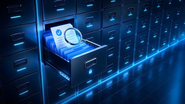 Magnifying glass inspecting secure digital documents in a glowing futuristic filing cabinet