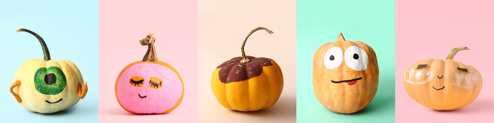 Halloween creativity and DIY crafts, decorated pumpkins with funny faces and creative designs for...