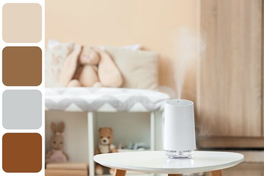 Air quality and wellness, ultrasonic humidifier in a nursery room for healthy breathing and humidity control with color palette swatches for interior design