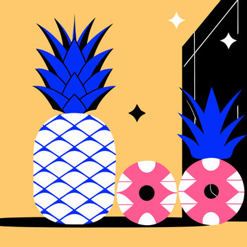 Pineapples and fruit slices are illustrated in a colorful geometric pop art composition.