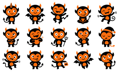 Obraz premium A collection of cute halloween devil vector silhouette characters showing various funny expressions and poses for holiday design projects