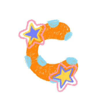 Cute orange hand drawn crayon letter C with colorful stars doodle, playful pastel alphabet typography font for kids education, preschool learning, and scrapbook design elements