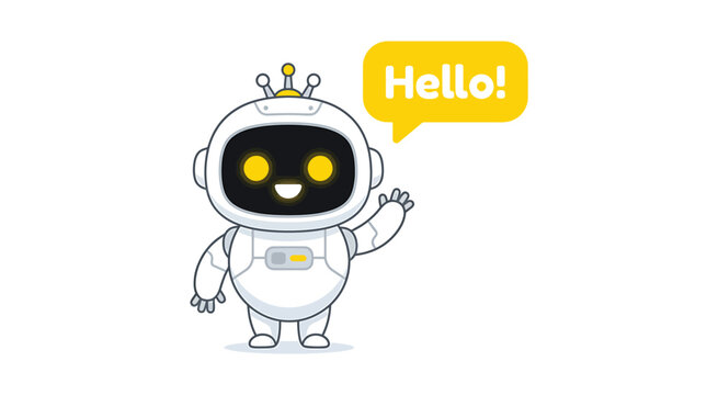 Friendly chatbot robot hello banner illustration. Smiling robotic character waving beside a speech bubble, representing ai assistant, online communication, customer service, automation, innovation.