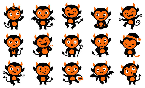 A collection of cute halloween devil vector silhouette characters showing various funny expressions and poses for holiday design projects