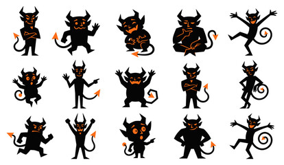 Obraz premium Set of various cartoon halloween devil vector silhouette characters showing different poses and expressions for festive graphic design projects