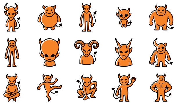 Set of cute orange halloween devil vector silhouette characters featuring various poses and expressions for festive holiday graphic design projects