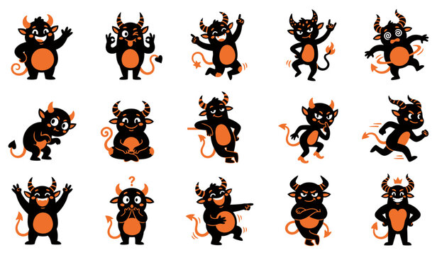 Set of fifteen cute cartoon halloween devil vector silhouette characters in various poses for holiday graphic design projects