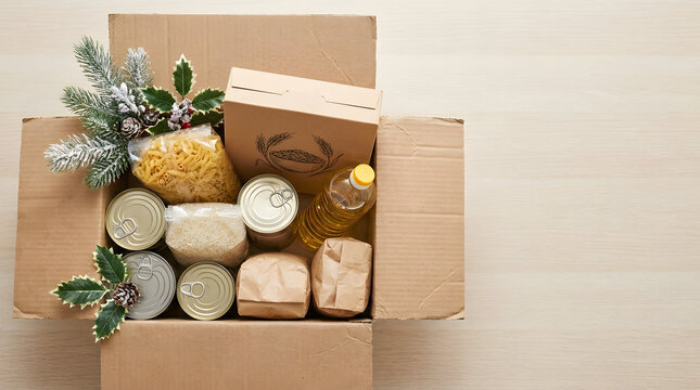 Open Cardboard Food Donation Box Filled with Groceries for Christmas Community Charity