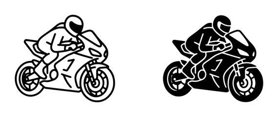 Motorcycle Rider Icons, Sportbike Silhouette, Speed and Motion Graphics, Black and White Vector Art © Mina