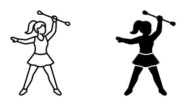 Majorette Baton Twirling Silhouette, Outline Icon Set, Athletic Performance, Dance Sport, Cheerleading Activity, Performance Art, Vector Graphic