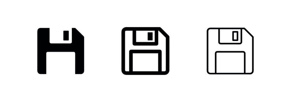 Floppy disk icon set, save symbol, data storage, vintage technology, computer, backup, vector, black and line style illustration.
