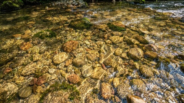 Clear flowing mountain stream water reflecting sunlight over colorful smooth river stones and green moss creating a tranquil natural outdoor