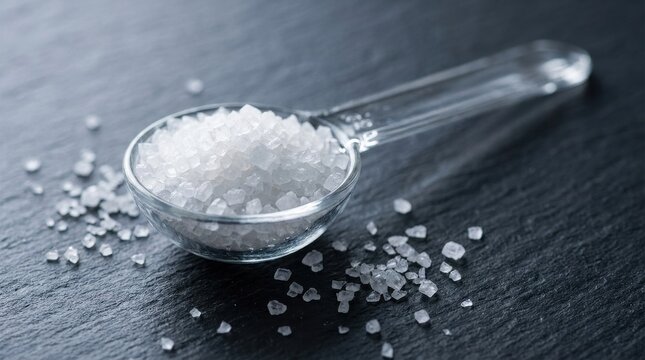 Clear plastic measuring spoon filled with coarse white sea salt crystals resting on a dark slate textured surface with scattered grains