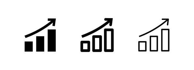 Bar chart with an upward arrow icon in solid, bold outline, and thin outline styles, representing growth, statistics, and success. © liubomir118809