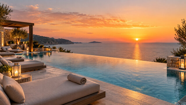Luxury infinity pool facing a calm ocean sunset