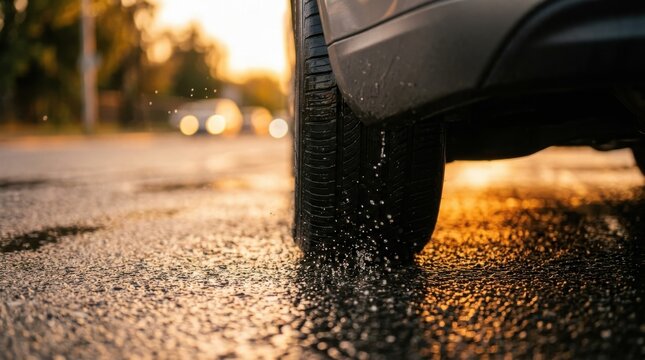 Close up low angle shot of a modern car tire driving fast on a wet asphalt road splashing water drops during a warm autumn sunset evening drive