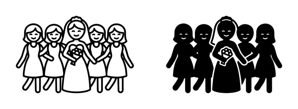 Bride and Bridesmaids Icon Set, Wedding Party Vector Graphics, Celebration Figures, Marriage Ceremony People