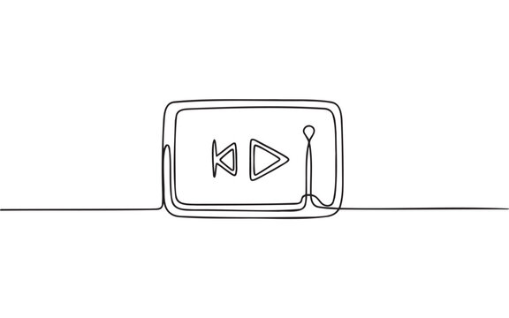 Continuous line drawing of a simple video player interface icon with rewind and play buttons for digital media