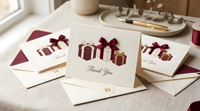 Thank you gift cards with burgundy ribbon and present