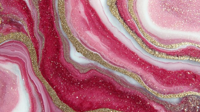 Pink and red abstract marble agate background with organic swirls, rippled stone patterns, gold glitter texture, elegant luxury wallpaper, vibrant spring design, modern decorative art for creative pro