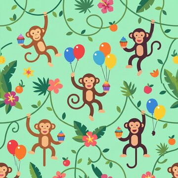 Vector Jungle Animal Pattern with Monkeys Cupcakes and Balloons
