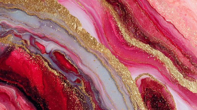 Pink and red abstract marble agate background with organic swirls, rippled stone patterns, gold glitter texture, elegant luxury wallpaper, vibrant spring design, modern decorative art for creative pro