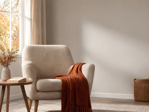 Cozy autumn reading corner with rust orange throw blanket
