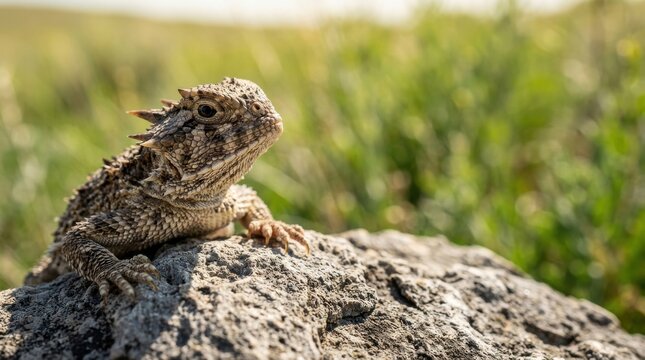 Close up shot of a horned lizard resting on a weathered rock formation in a vibrant green meadow during bright daylight wilderness wildlife