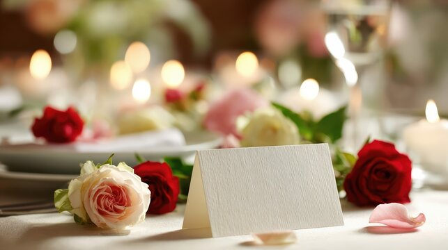 A blank wedding place card sits elegantly among red and white roses and candlelight. This romantic table setting glows with luxury and celebration.