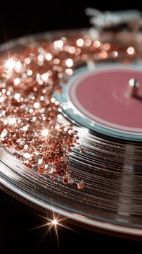 A rose-colored vinyl record sparkles with glitter pressed into its grooves. Studio lighting creates crystal-clear reflections and a stylish magenta center label.