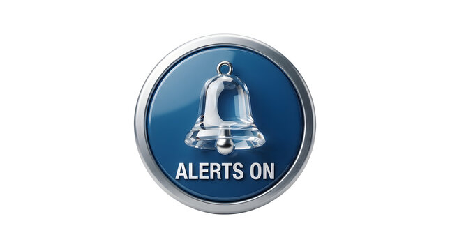 Blue notification bell icon button with Alerts On text for digital interface design.