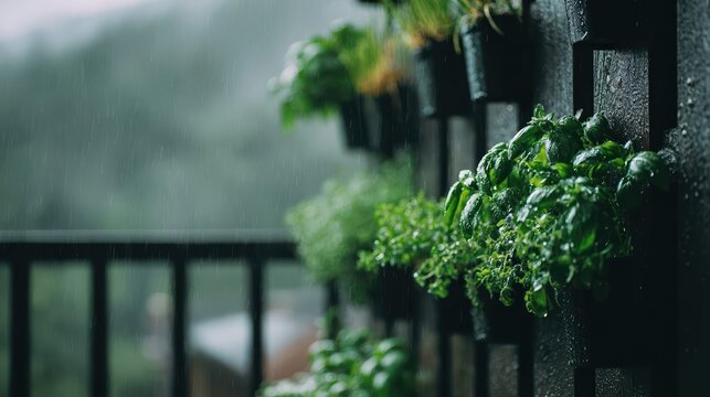 Fresh green herbs glisten with raindrops on a vertical balcony garden. The rain enhances the lush, vibrant leaves, showcasing urban gardening in wet weather.