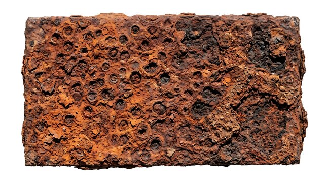 A rectangular block of porous laterite stone with a rough textured surface isolated on a white background