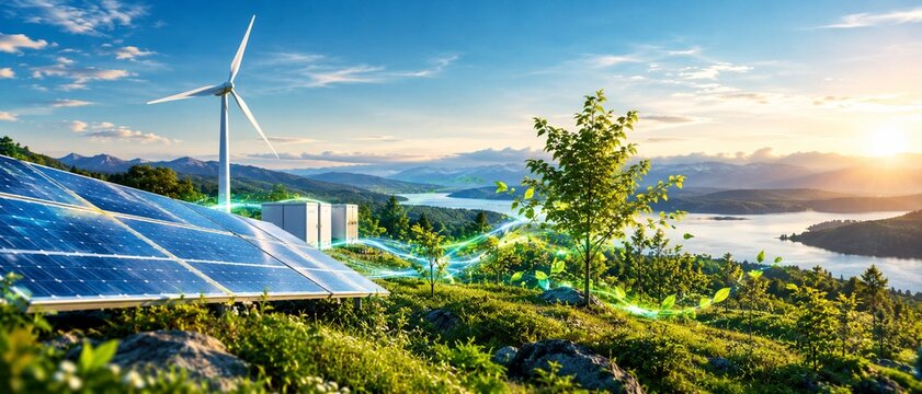 Renewable energy and green technology restoring nature, with solar panels, wind turbine, clean energy and young trees in a sustainable natural landscape.