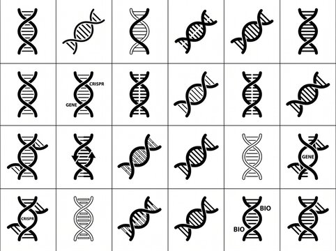 ​A set of black and white DNA double helix icons representing genetics, science, and biotechnology.