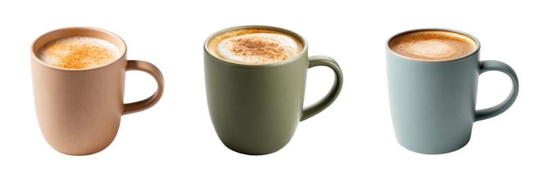 Pastel latte coffee mugs for cafe menus branding packaging and beverage design isolated cutouts